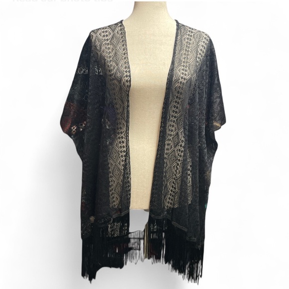 Tops - Womens Whimsygoth Black Kimono Style Lace with Fringe One Size Witchy Goth